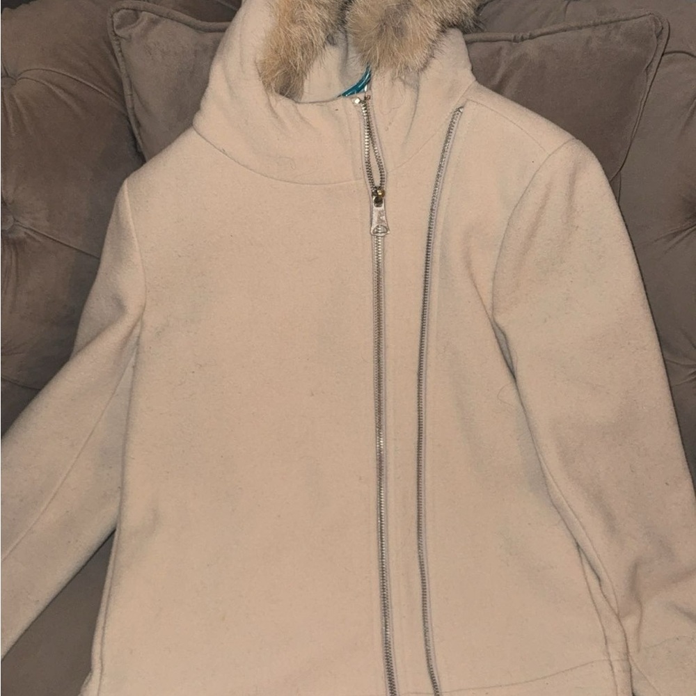 Marc New York Cream Puffer Jacket with Fur Trim